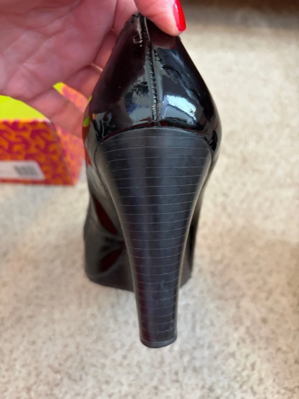 Tory Burch “Sophie” Black Patent Leather wedge heel with silver hardware, 8